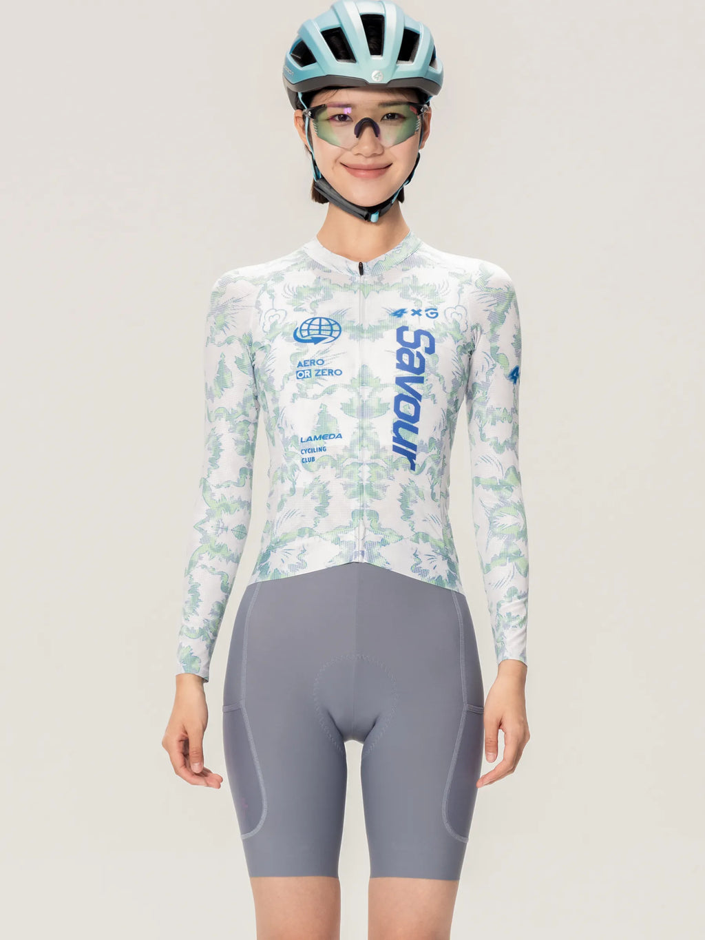 Light blue and white patterned lameda x australian unisex cycling jersey ls with gray shorts studio unisex cycling set