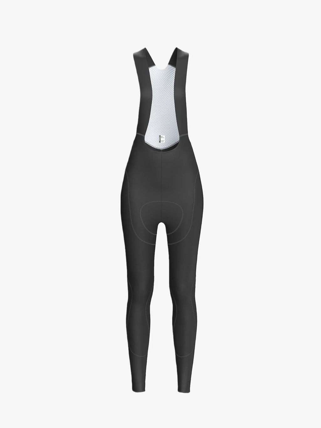 Back view of women’s double layer thermal fleeced black cycling bib tights with white mesh panel and reflective calf panels