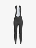 Back view of women’s double layer thermal fleeced black cycling bib tights with white mesh panel and reflective calf panels