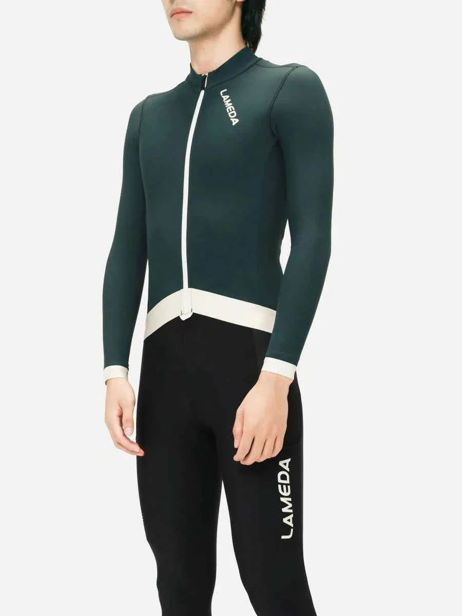 Freeze men’s fleeced thermal jersey in dark green and black lameda with white zipper trim and branding