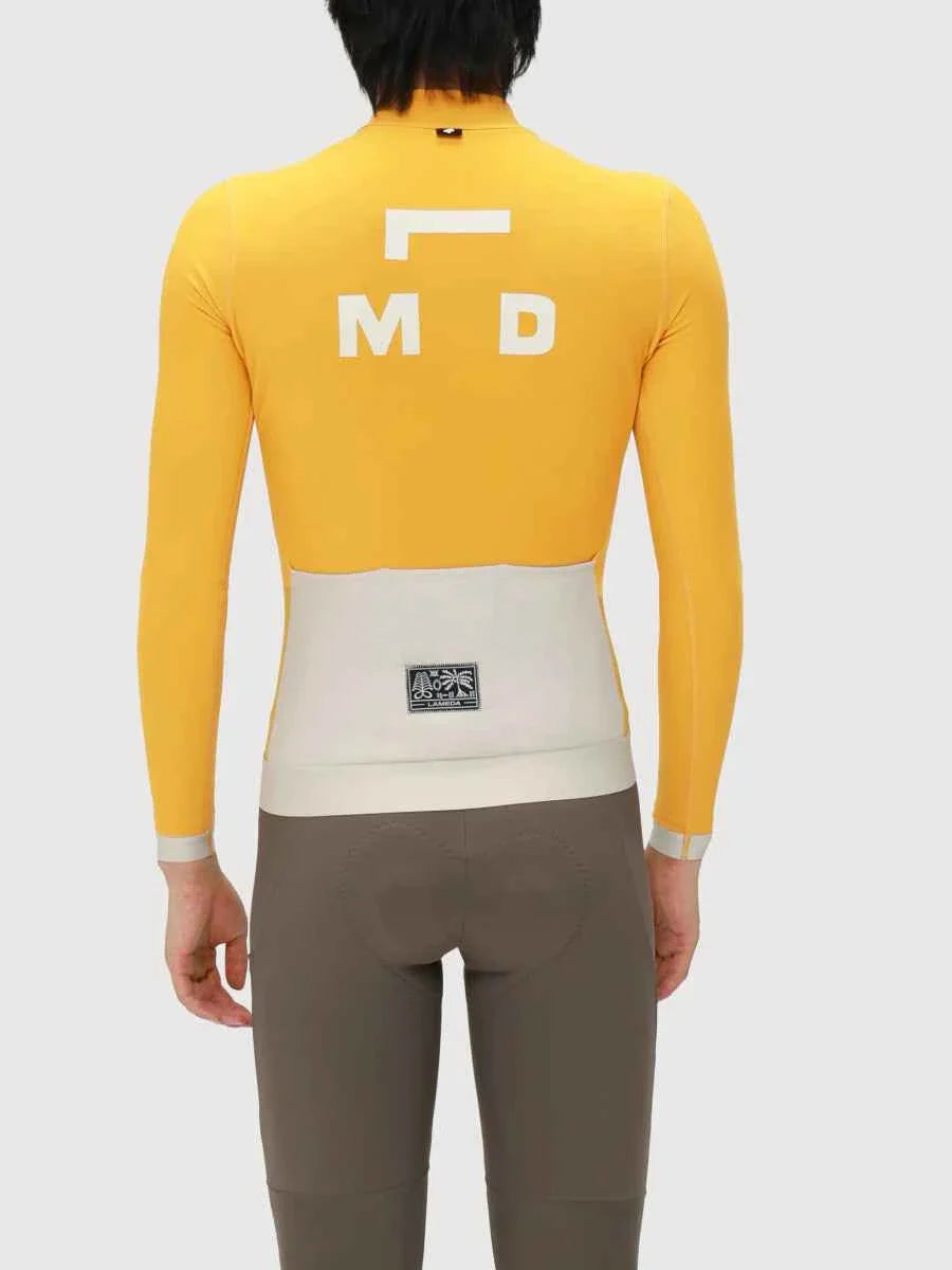 Back of a vibrant yellow freeze men’s fleeced thermal jersey with white waist panel and bold md branding