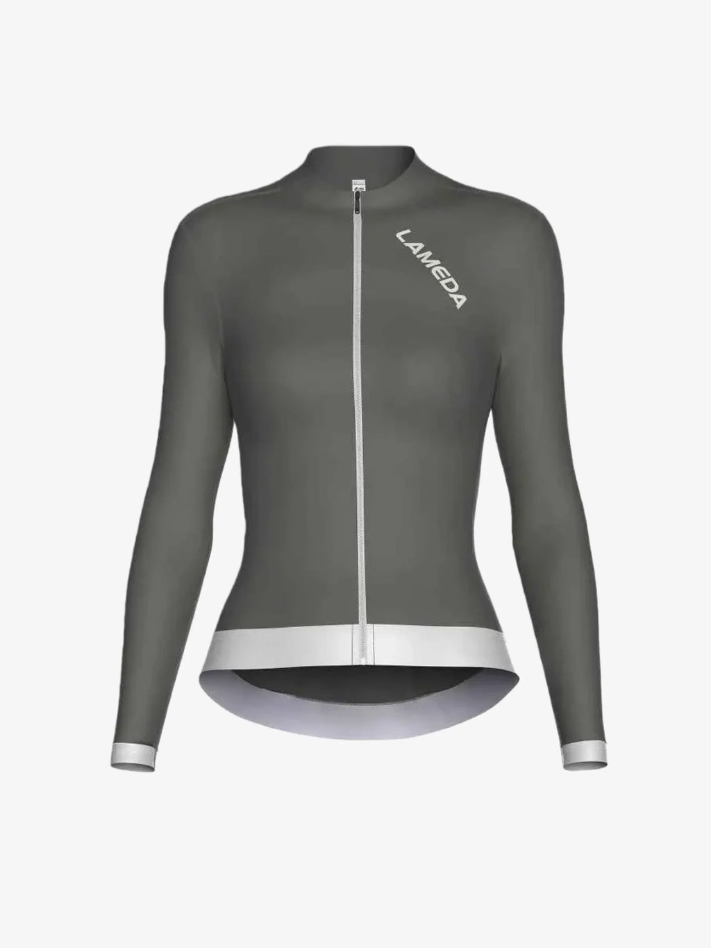 Freeze women’s fleeced thermal jersey in sleek dark gray with white zipper and hem accents for cold-weather cycling