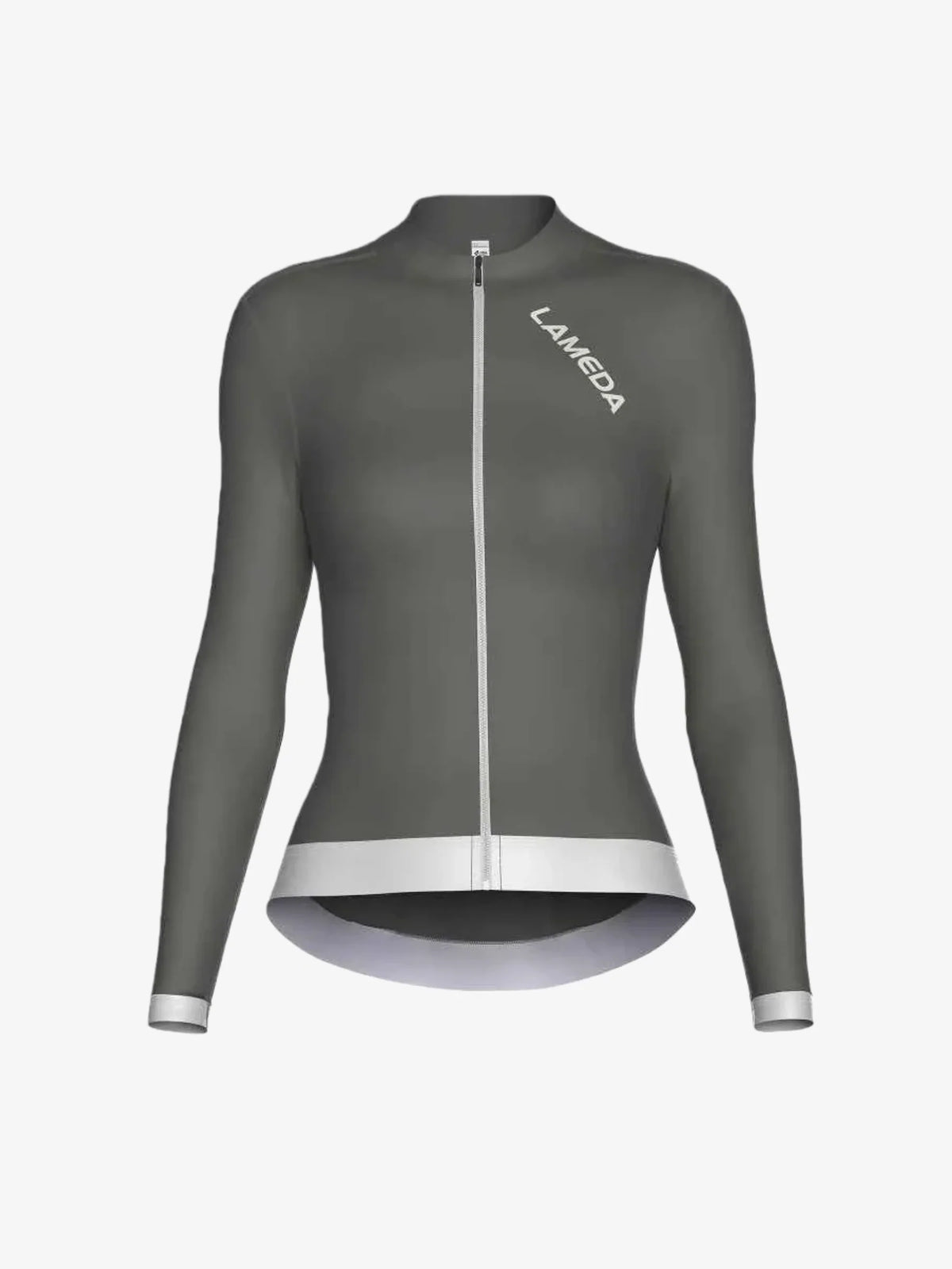 Freeze women’s fleeced thermal jersey in sleek dark gray with white zipper and hem accents for cold-weather cycling