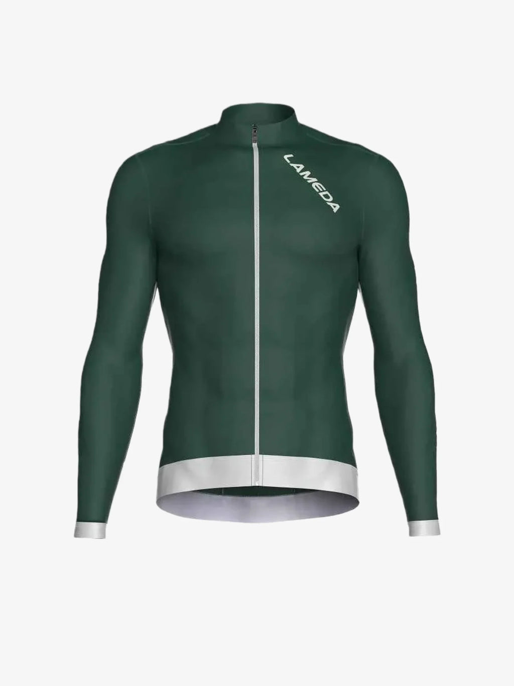 Dark green fleeced thermal cycling jersey with long sleeves white zipper and trim at hem and cuffs for men