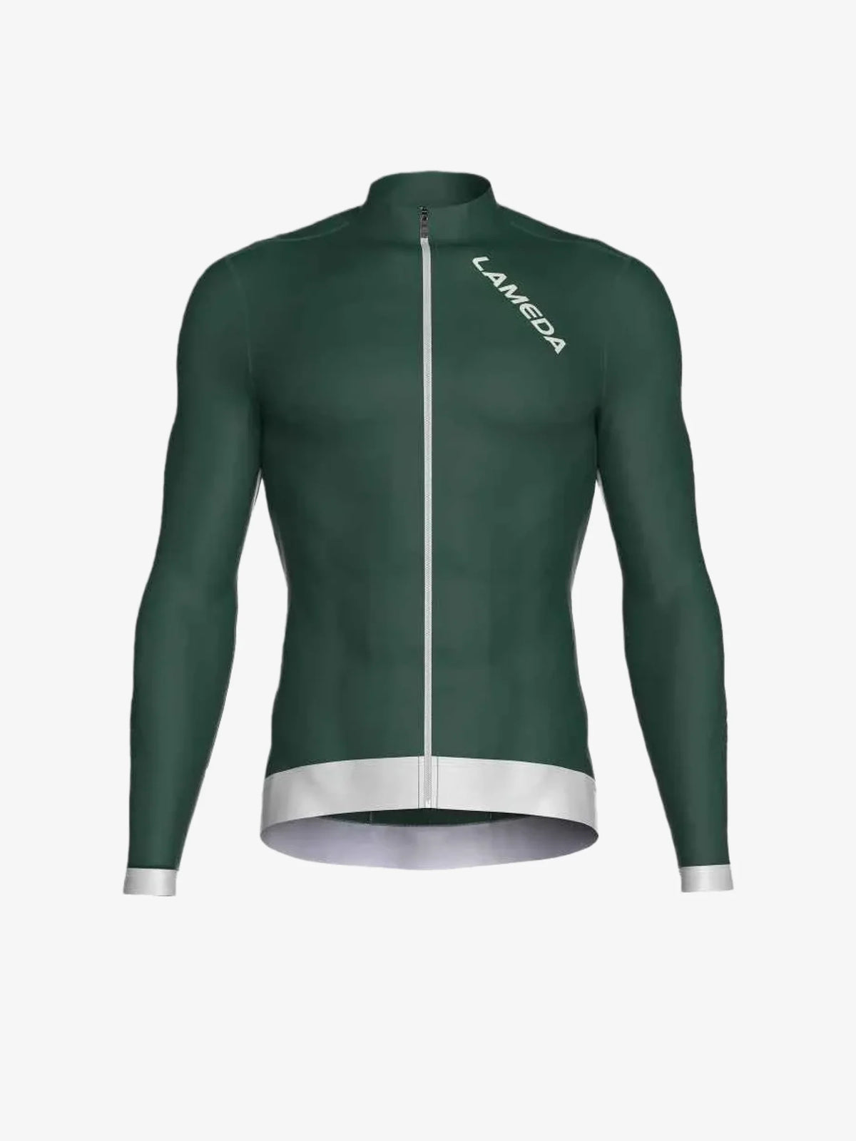 Dark green fleeced thermal cycling jersey with long sleeves white zipper and trim at hem and cuffs for men