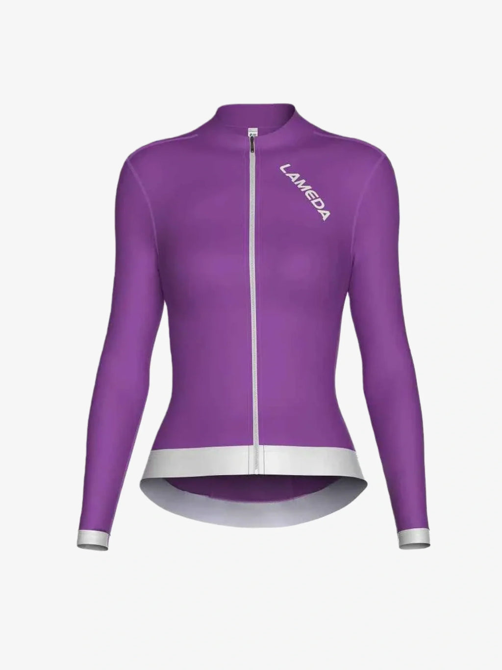 Purple fleeced thermal cycling jersey with long sleeves silver zipper and trim designed for women Freeze collection