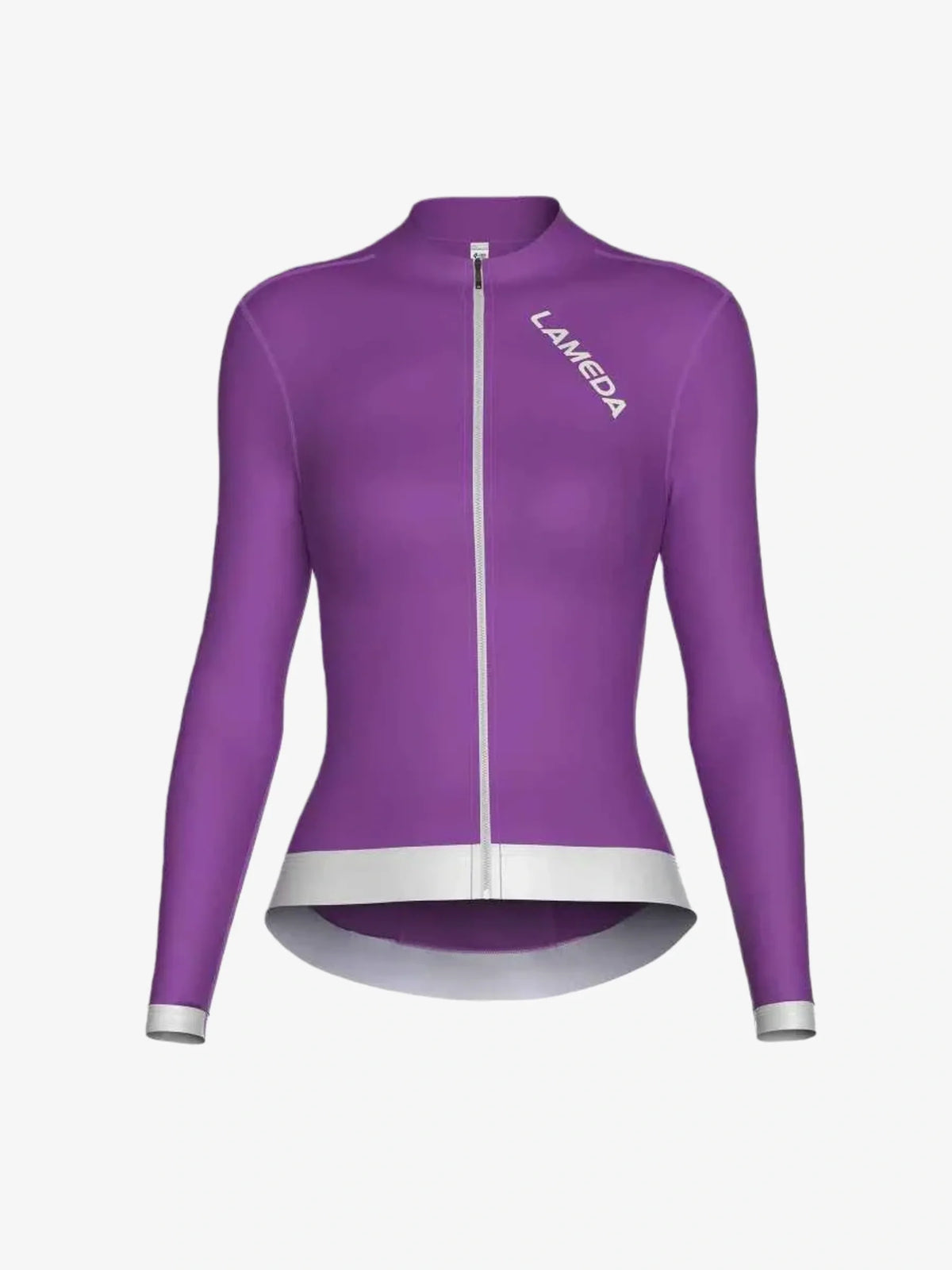 Purple fleeced thermal cycling jersey with long sleeves silver zipper and trim designed for women Freeze collection