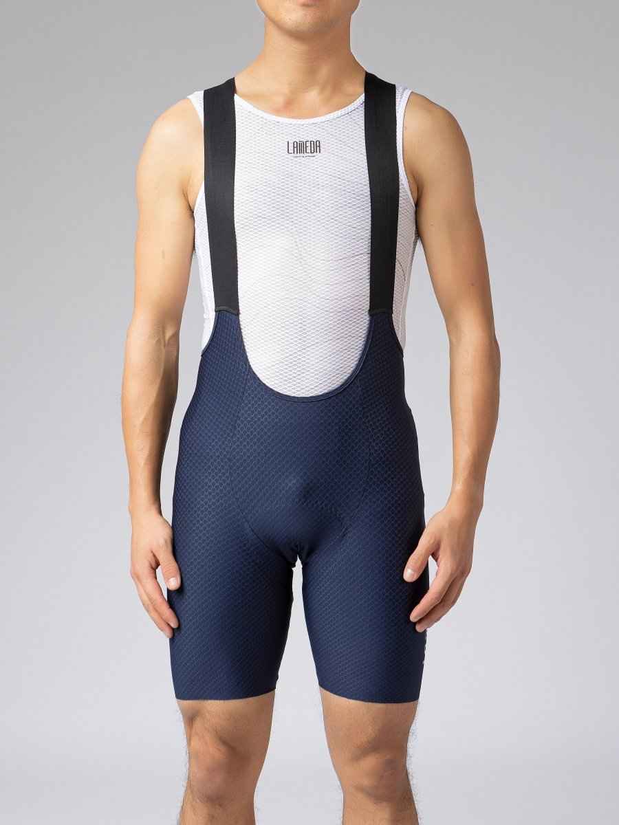 Kylin men’s bib shorts navy with black straps feature breathable mesh upper, durable dragon scale and elastic interface chamois