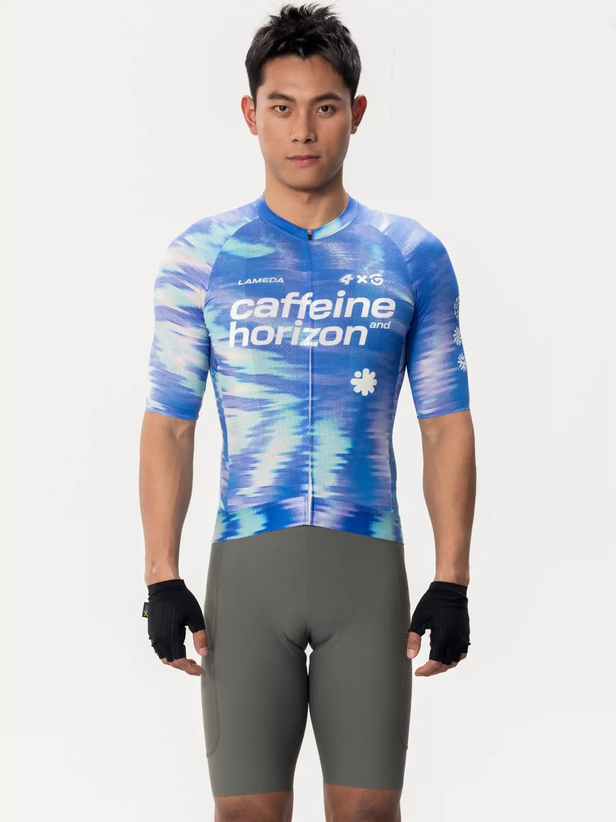 Unisex cycling jersey in blue and light blue abstract pattern featuring caffeine horizon branding by lameda x australian studio unisex cycling