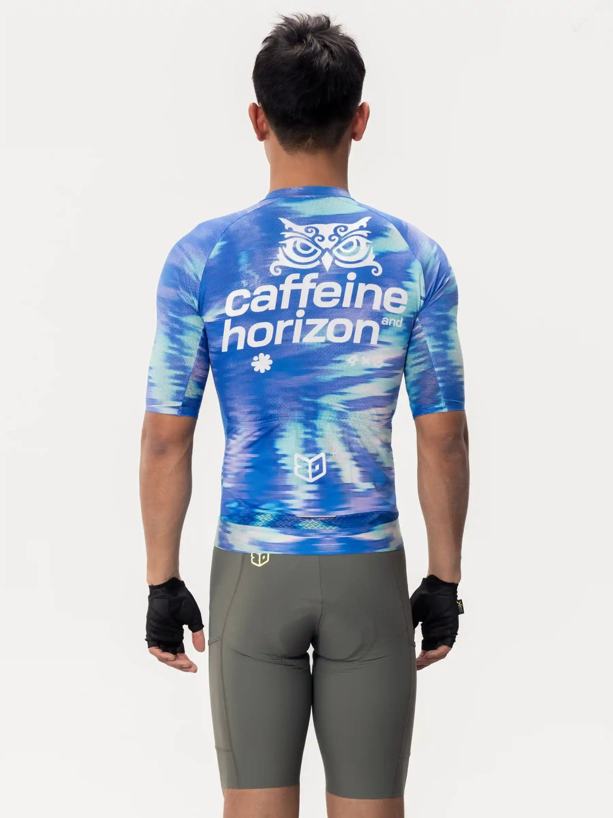 Blue and white tie-dye unisex cycling jersey with owl logo and caffeine horizon text lameda x australian studio unisex cycling