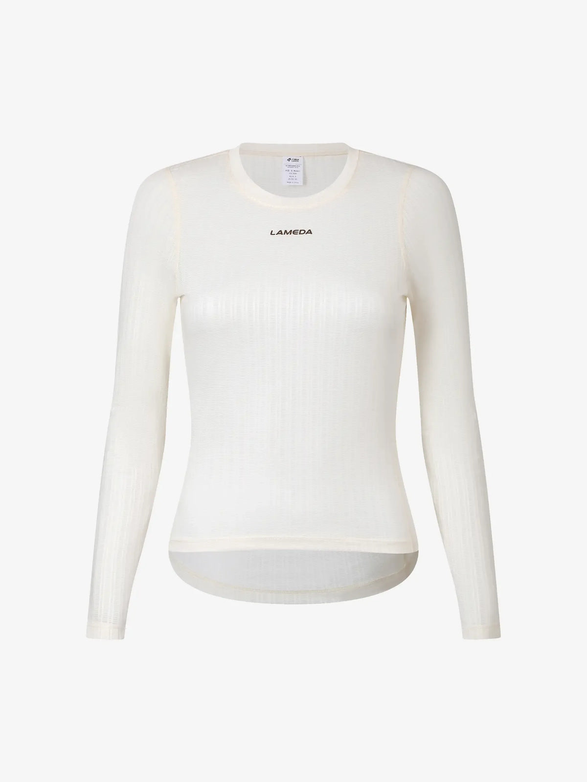 Cream-colored lameda clouds women’s long sleeve base layer with ribbed texture and black logo for cycling airflow mesh