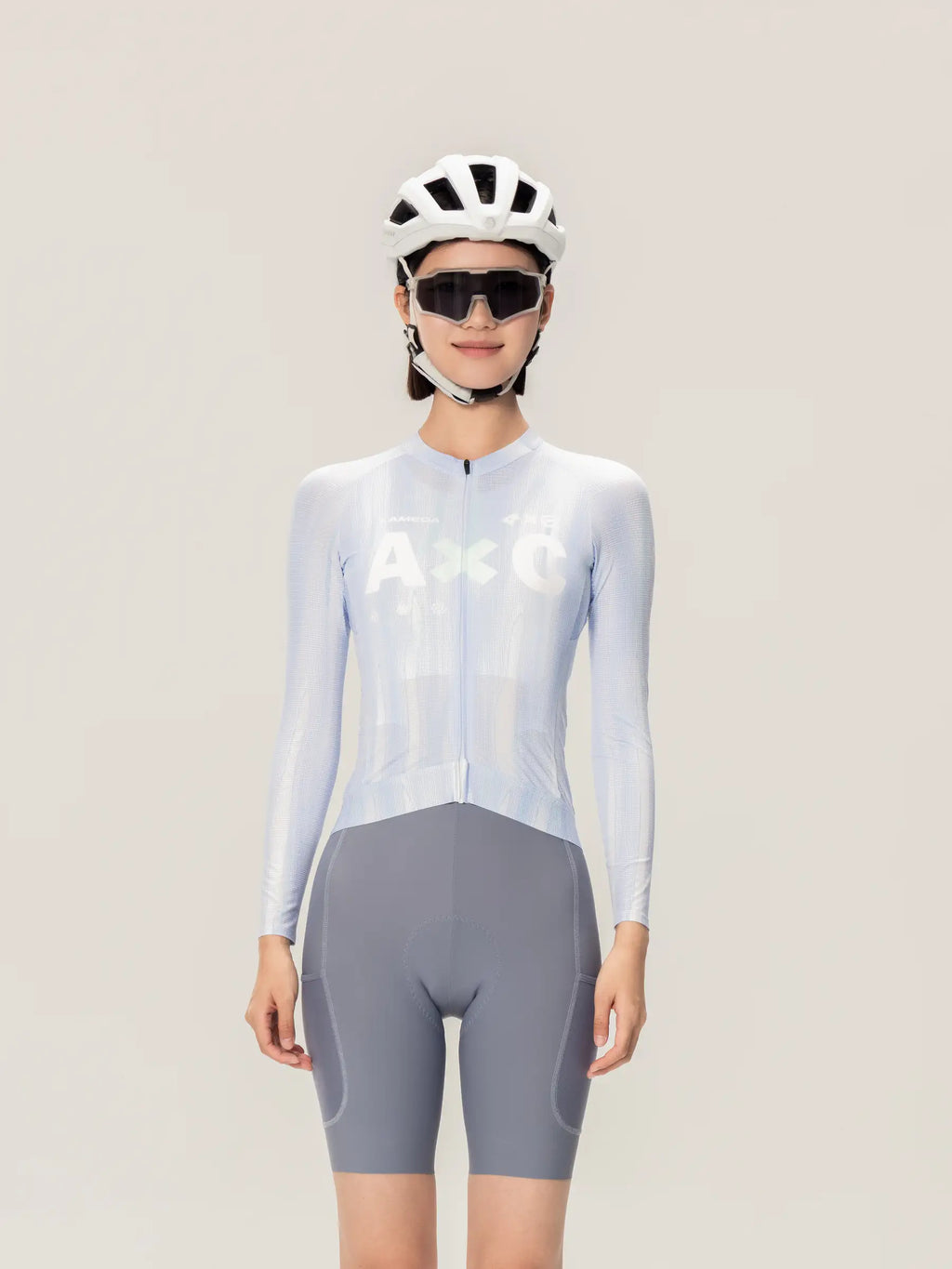 Light blue and gray lameda x australian studio unisex cycling jersey ls with white chest logo for versatile use