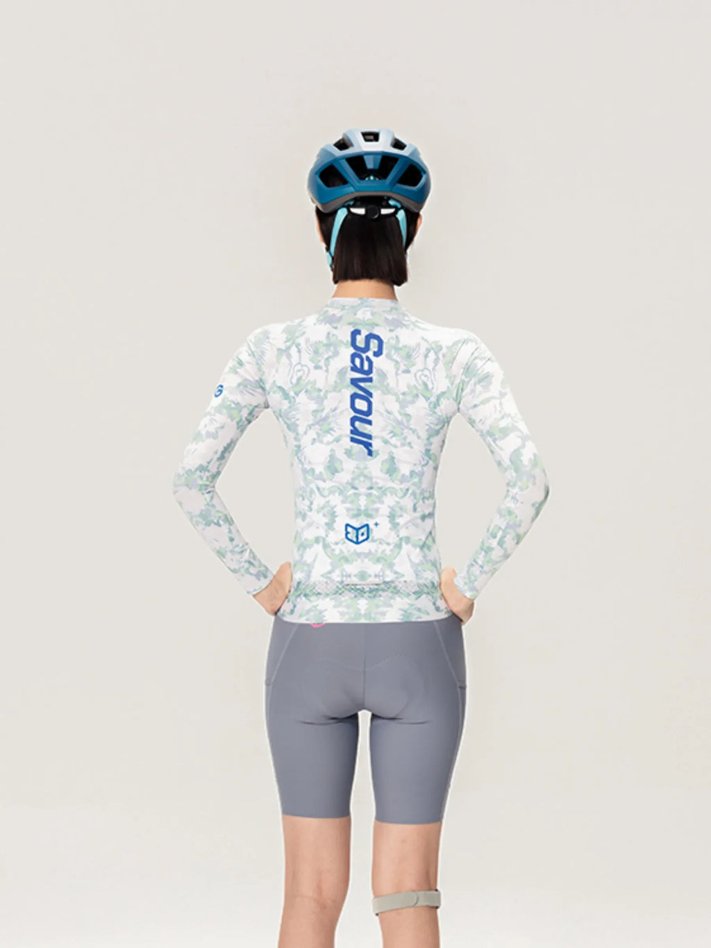 Australian studio unisex long-sleeved cycling jersey in glass blue camouflage with dark blue savour print on back