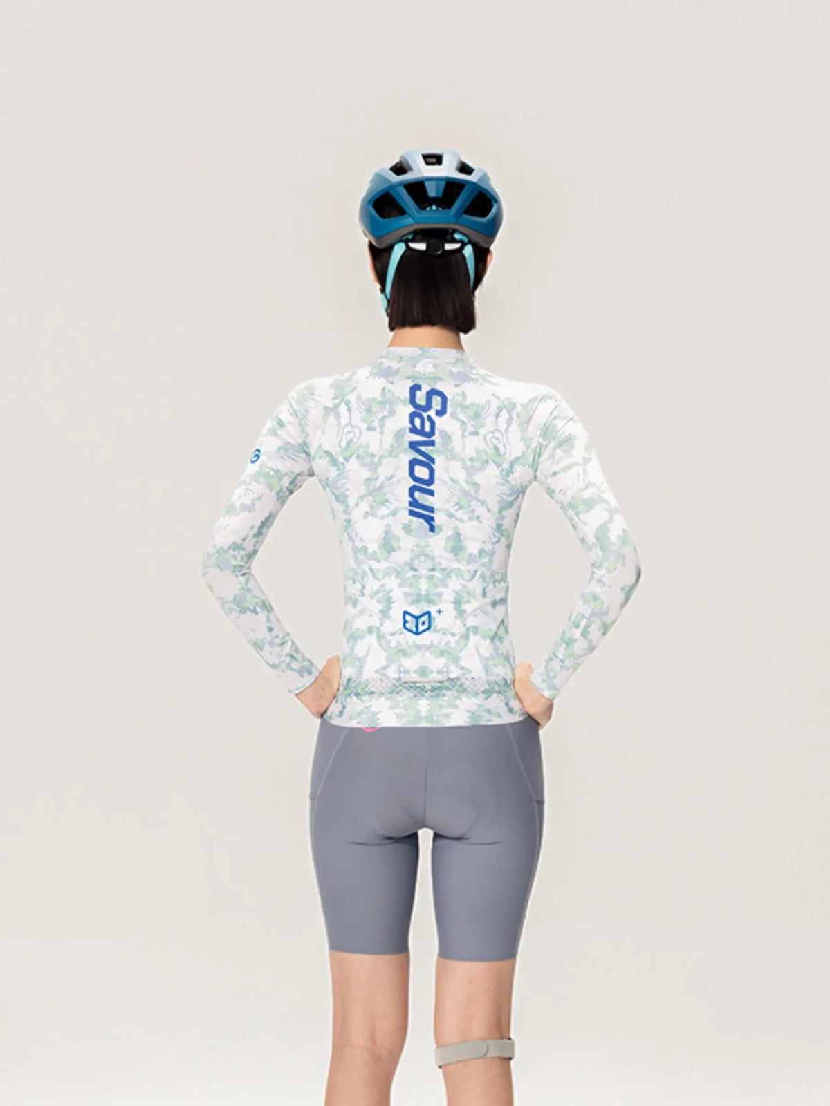 Australian studio unisex long-sleeved cycling jersey in glass blue camouflage with dark blue savour print on back