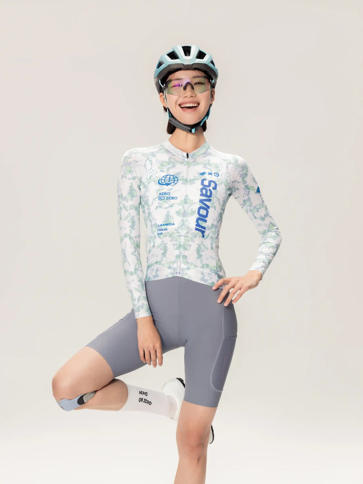 Light blue and white patterned unisex cycling jersey with savour branding from lameda x australian studio unisex collection