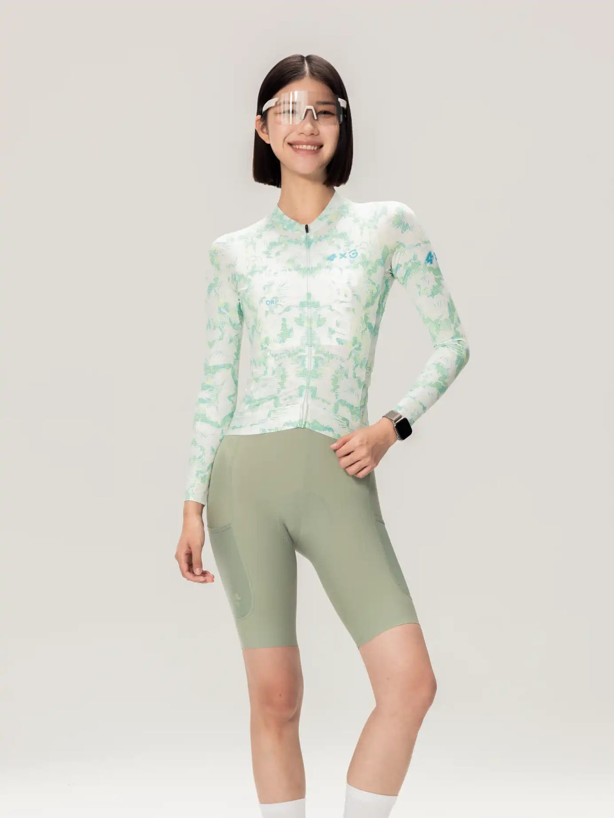 A lameda x australian studio unisex cycling long-sleeved jersey in light green and white with full-length zipper