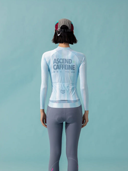 Light blue long-sleeved studio unisex cycling jersey in australian design with ascend caffeine print on back