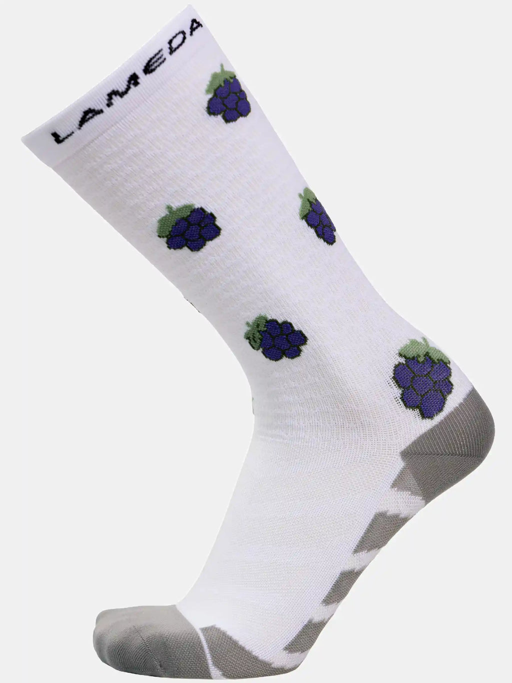 White lameda cycling socks with purple grape prints gray heel toe and arch support made of fruits material