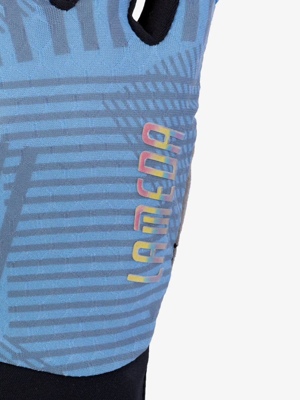 Light blue half-finger cycling gloves with subtle stripes and lameda rainbow logo deliver essential protection