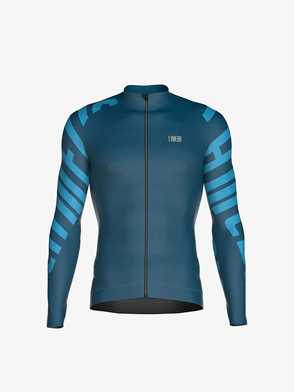 Dusk men cycling jersey long sleeve in starlight blue features teal geometric pattern black zipper and seamless cuffs with iridescent logo