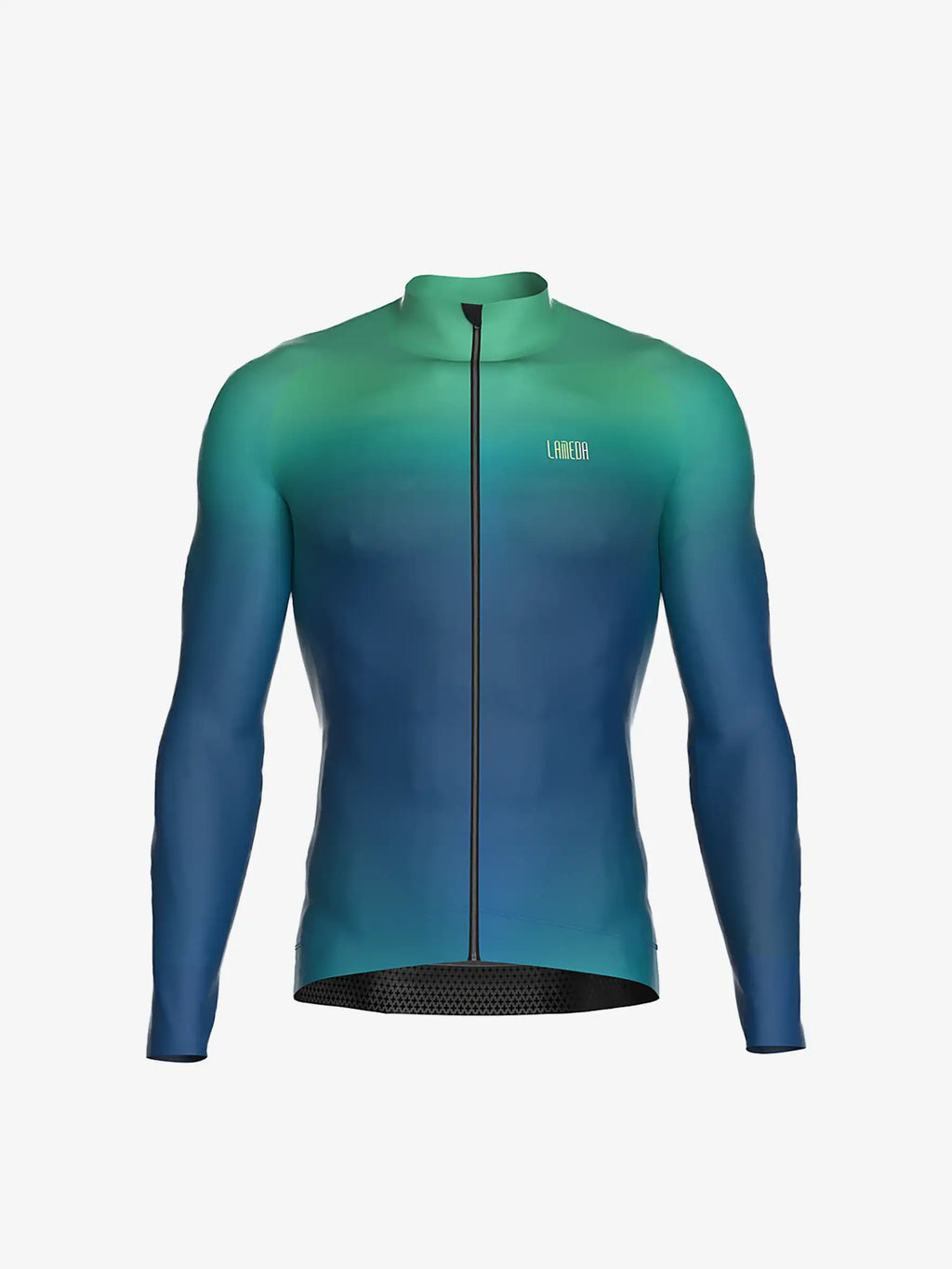 A sleek long-sleeved dusk men cycling jersey in lightning blue with gradient design iridescent logo and reflective details