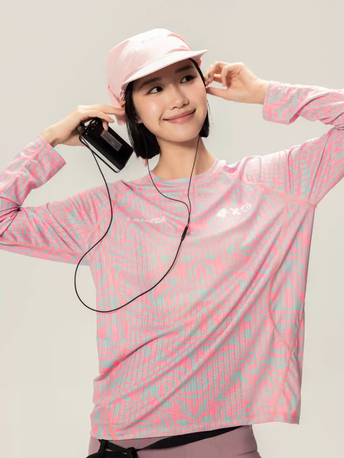 A x c unisex lightweight cycling long-sleeve t-shirt in pink with light blue geometric designs for outdoor adventures