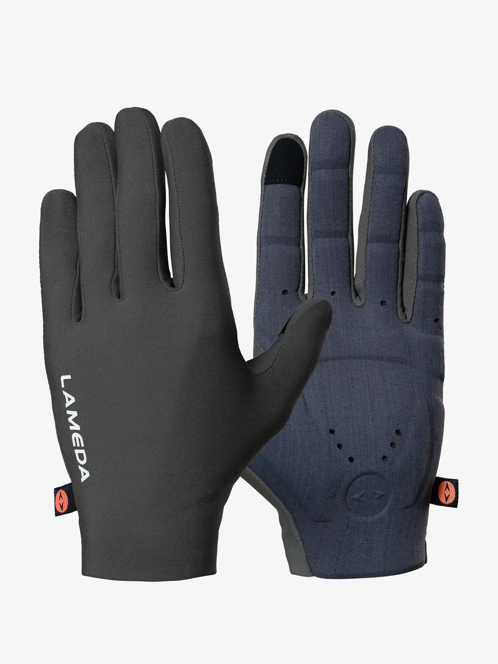 Back side of black and navy blue 2064 thermal bike gloves with elastic interface, fleece lining, and touchscreen compatible design