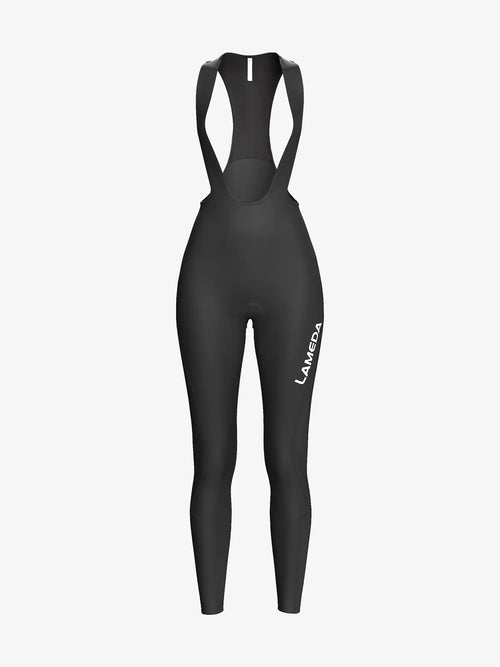 Black lameda basic thermal women’s bib tights with brushed fleece lining and white branding on the leg front view
