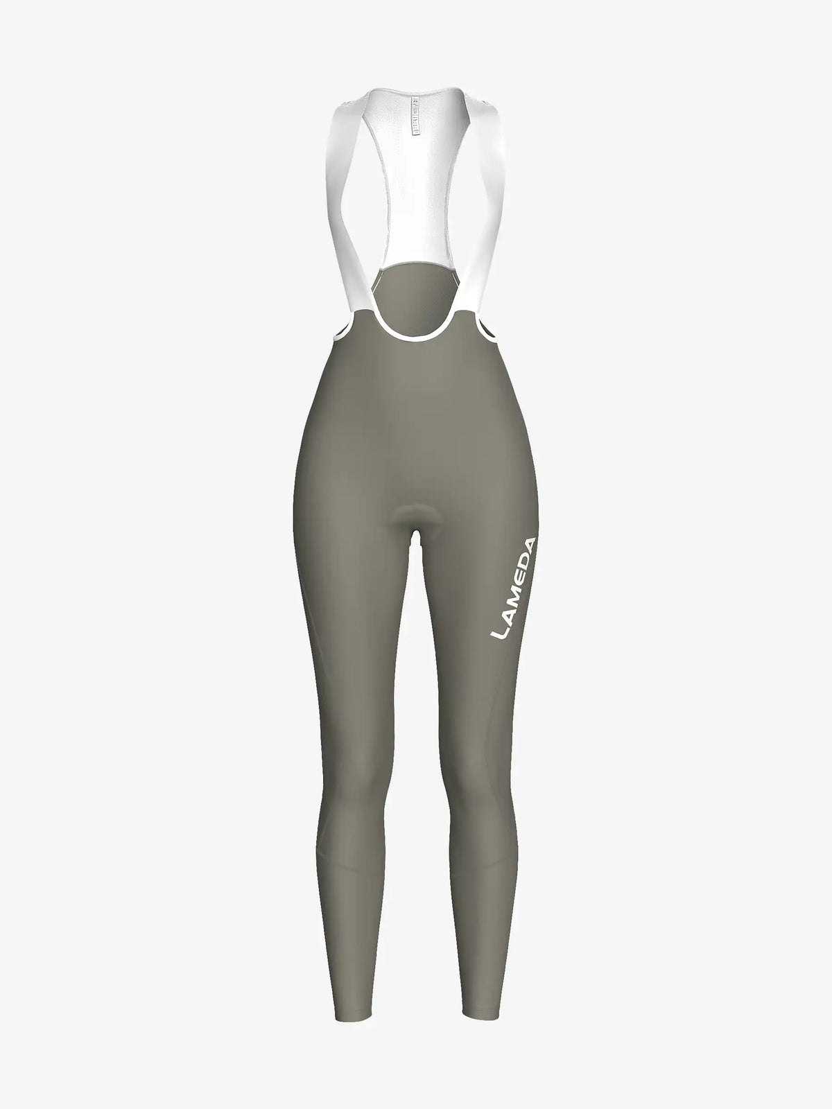 Olive green women’s bib tights with white back panel and side branding featuring basic thermal brushed fleece lining