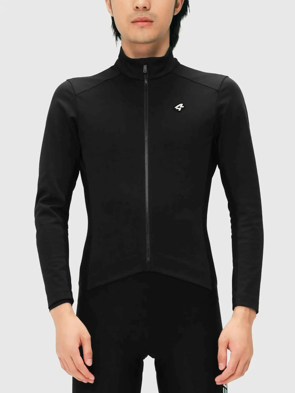Black shield men’s cycling jacket with long sleeves high collar full-length zipper and white logo on left chest