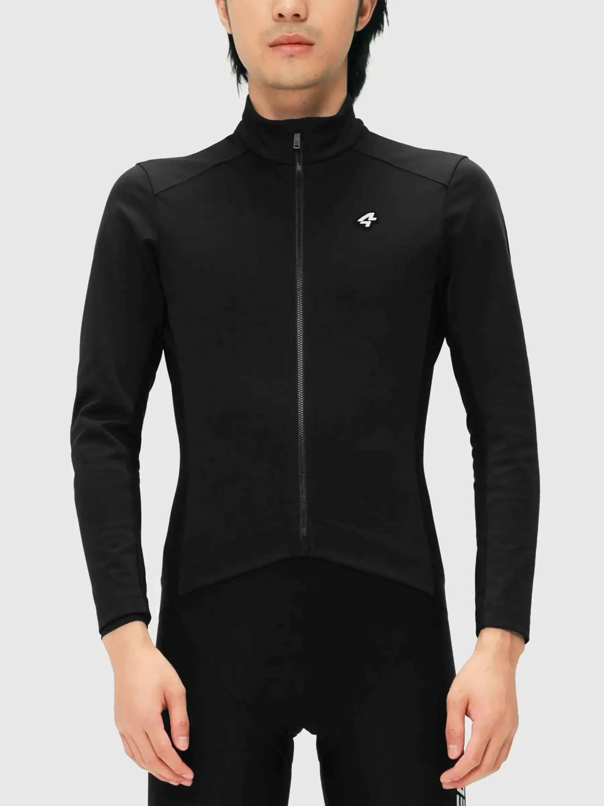 Black shield men’s cycling jacket with long sleeves high collar full-length zipper and white logo on left chest