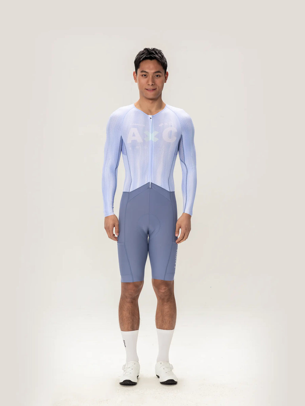 Lameda A*C men skinsuit long sleeves in ice purple with light blue and gray form-fitting cycling design and full-length zipper