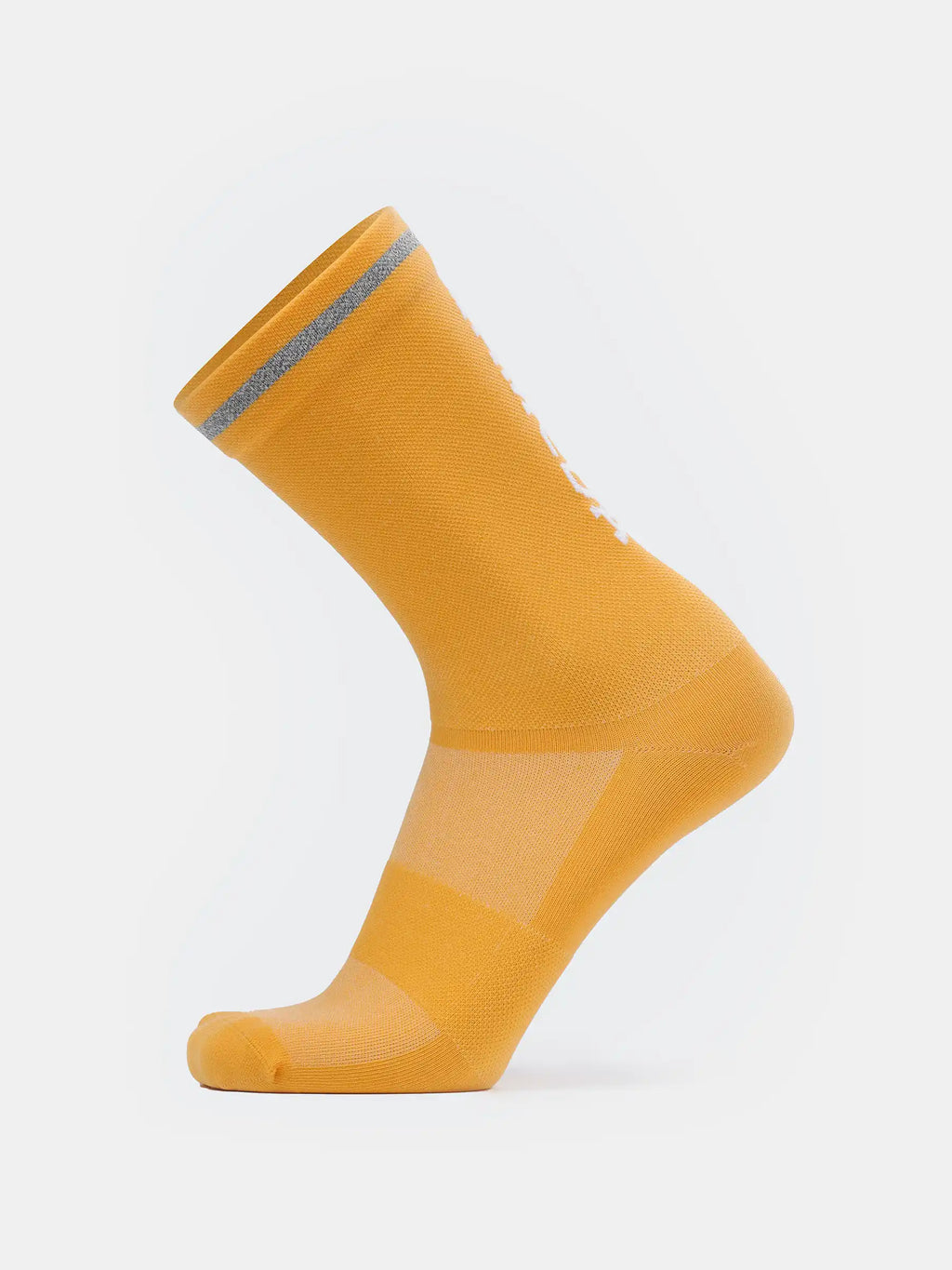 A vibrant yellow reflective sports sock featuring breathable mesh panels arch support and seamless toes