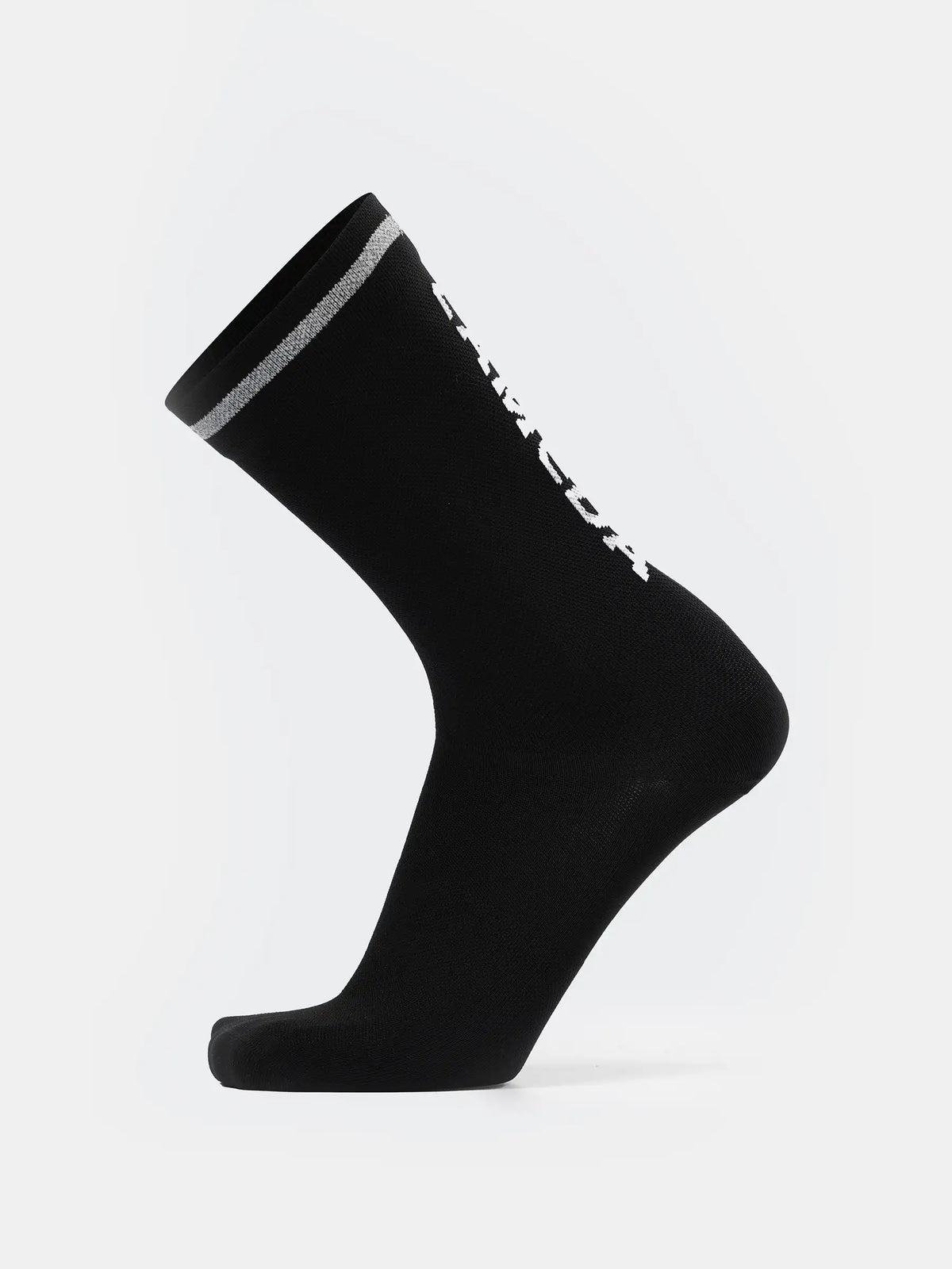 Black reflective sports socks 7305 with arch support seamless toes white lettering and silver-striped cuff