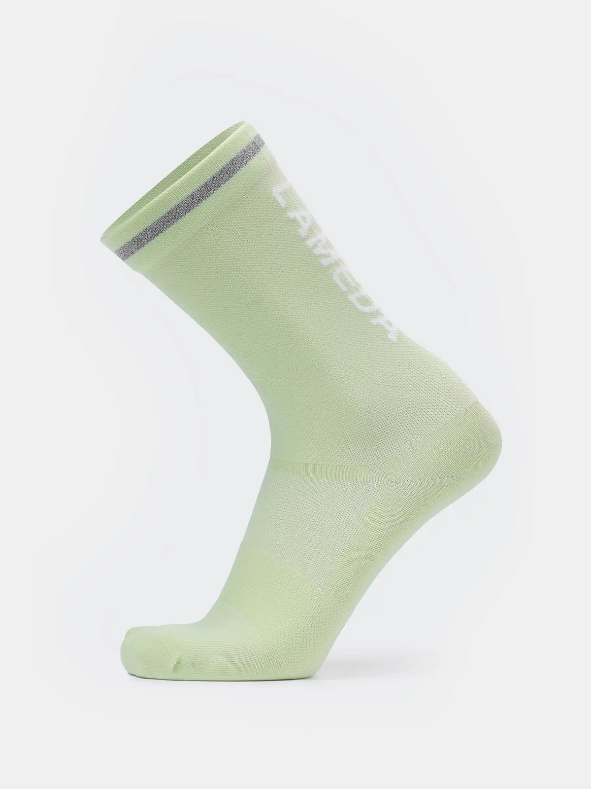 Light green reflective sports socks 7305 featuring seamless toes arch support and carrera branding with gray stripes