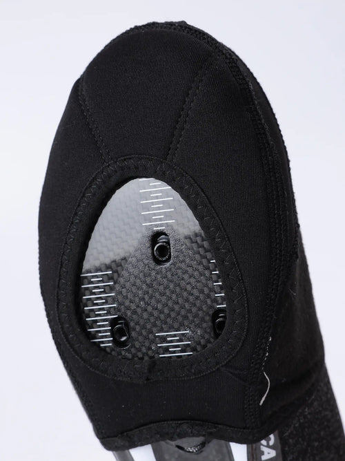Black fabric cycling shoe toe caps with mesh panel and plastic fasteners for windproof cycling shoe protection