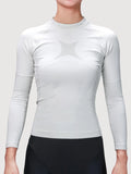 Women’s grey compression top with ribbed bamboo charcoal fiber panels for cycling compression and muscle support