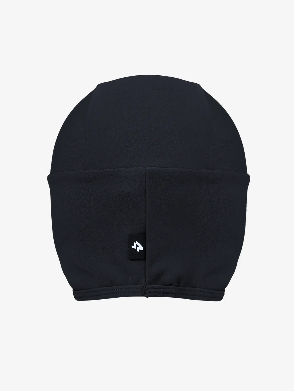 Black thermal beanie for winter cycling with smooth design and small white logo patch on the back for 0-15°c conditions
