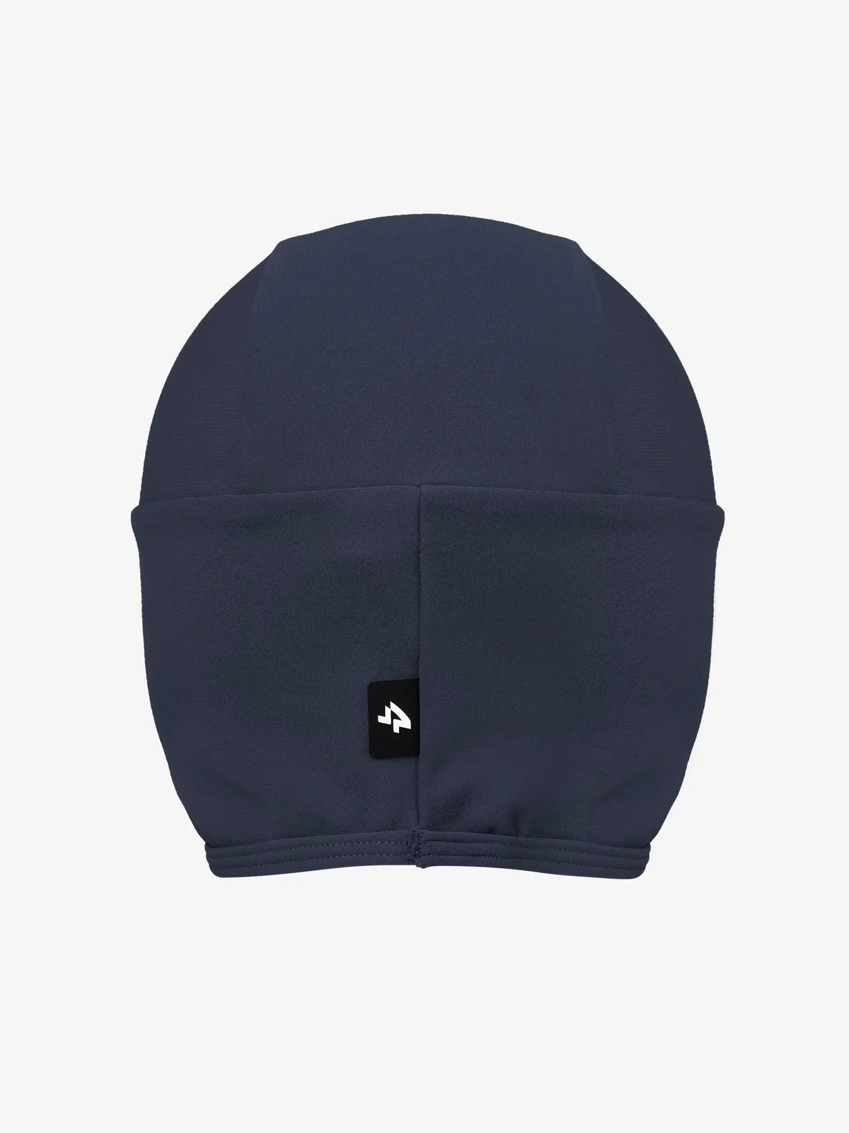 Dark navy blue thermal beanie back with smooth stretchy fabric and small black logo patch ideal for winter cycling 0-15°c