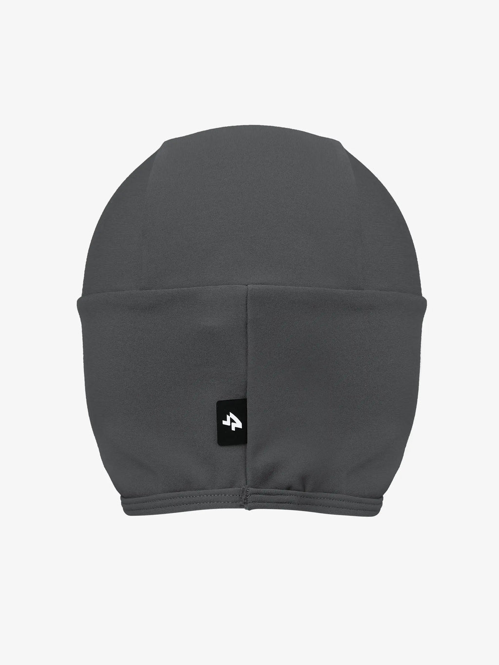 Back view of a dark gray thermal beanie with smooth design and black brand tag for winter cycling 0-15°c wear
