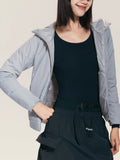 Light gray lameda women’s insulated jacket with shiny quilted exterior hood and 3m™ thinsulate™ insulation