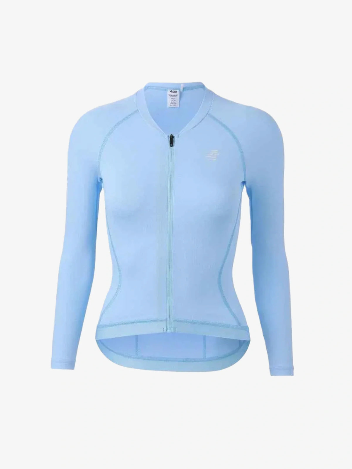 Light blue lameda women’s cycling jersey with full-length zipper, moisture-wicking fabric, and anti-slip hem detailing