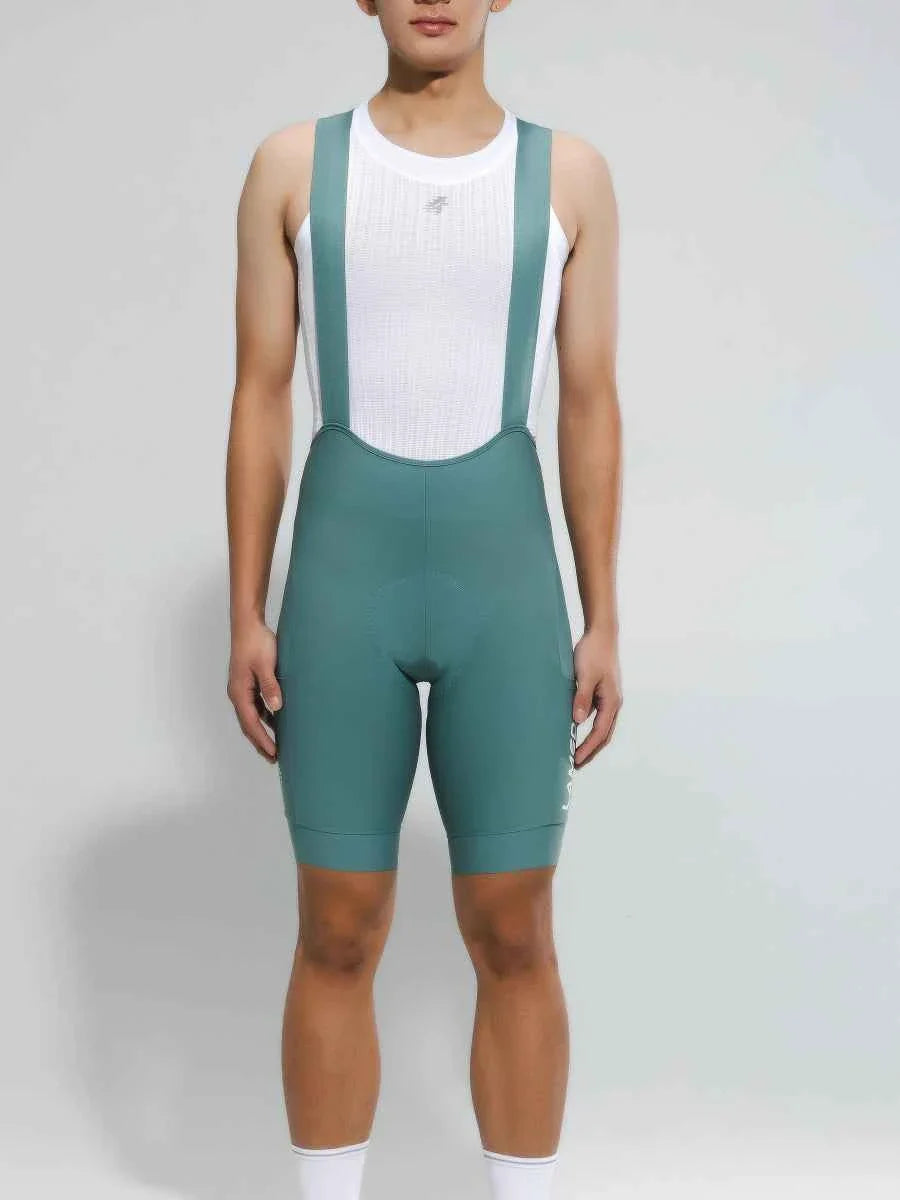Men’s lameda basic cycling bib shorts in teal with white trim breathable moisture-wicking fabric and subtle chest logo