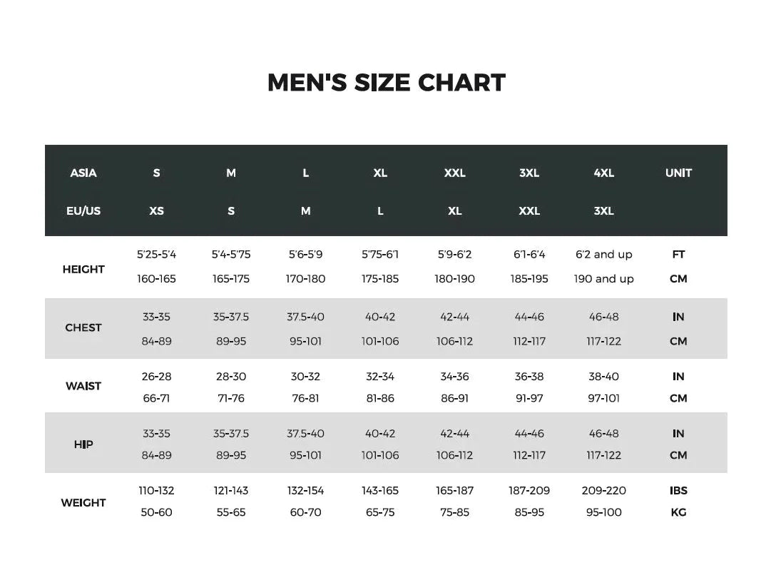 Demeanour Men's Jacket - Size chart