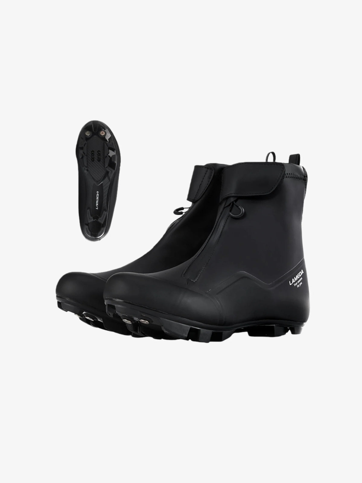 Black lamigola winter cycling boot with stiffened nylon sole waterproof design and reinforced rubber for power transfer