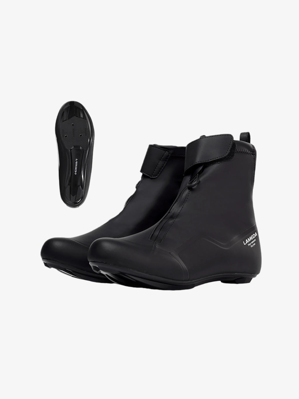Black lameda es-05 winter cycling shoe covers with waterproof design, adjustable strap, and stiffened sole for power transfer