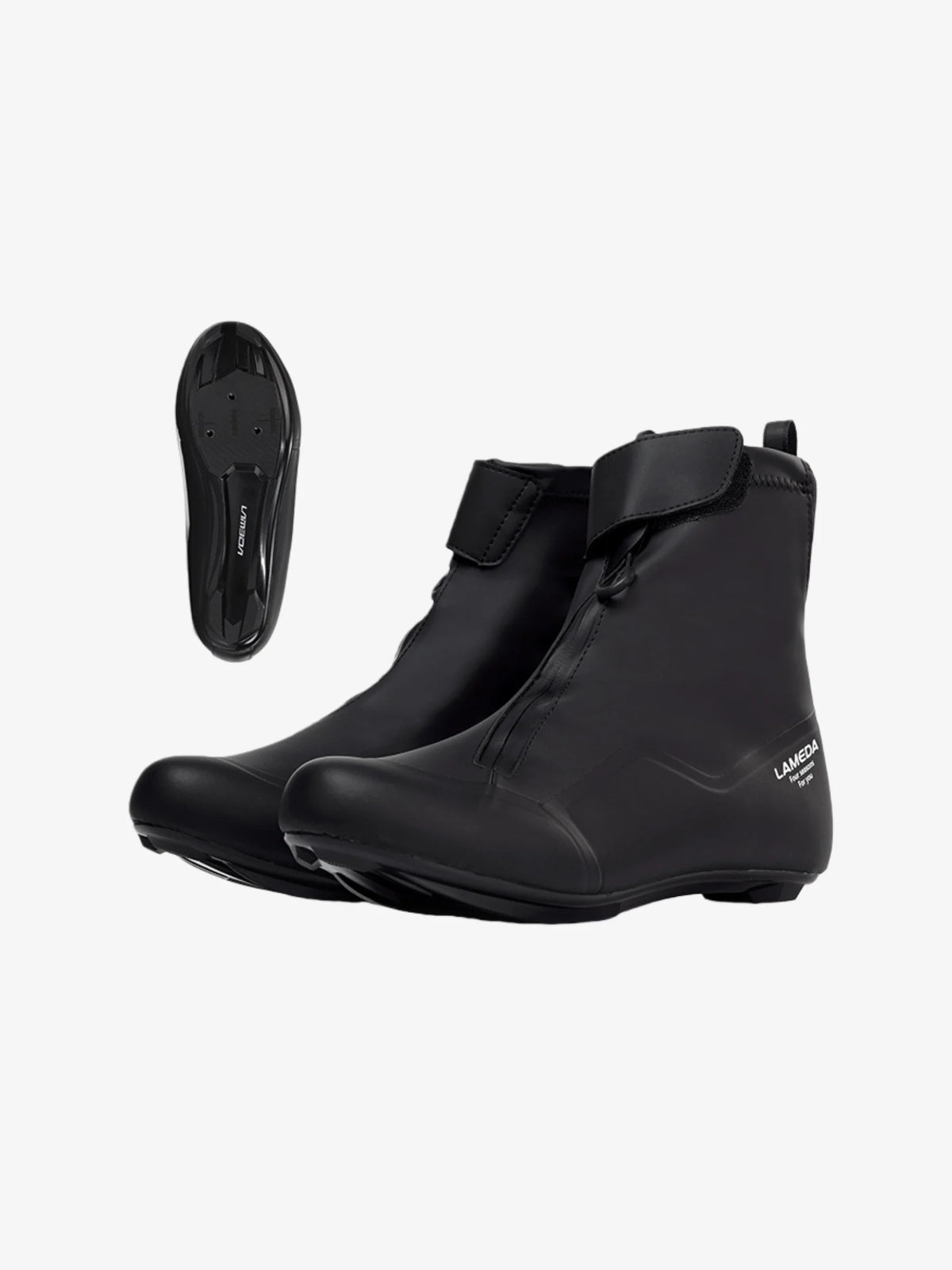 Black lameda es-05 winter cycling shoe covers with waterproof design, adjustable strap, and stiffened sole for power transfer