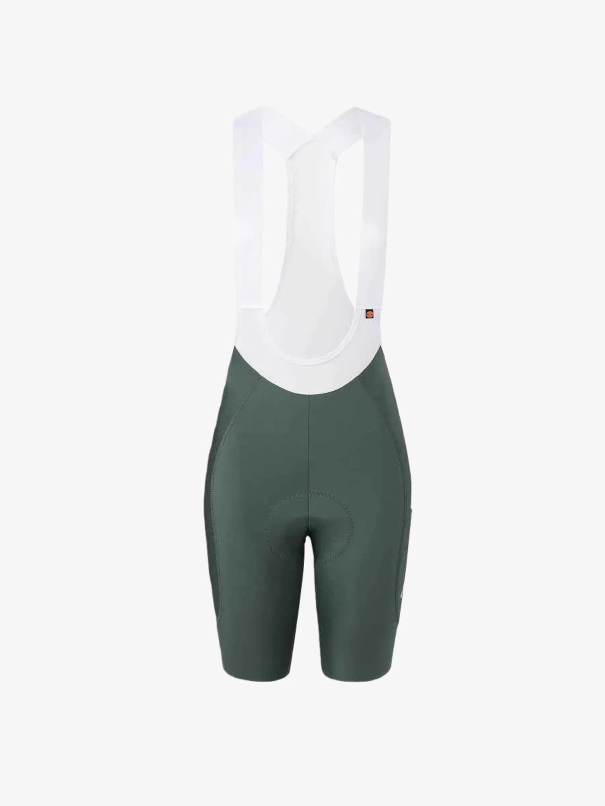 Women’s elite bib shorts in white and olive green with breathable mesh waistband and anti-slip leg grippers, sleek design