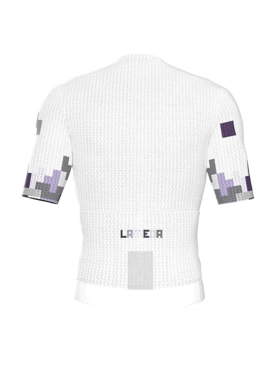 White cycling jersey with relaxed fit featuring pixelated purple and gray accents on textured knit fabric sleeves
