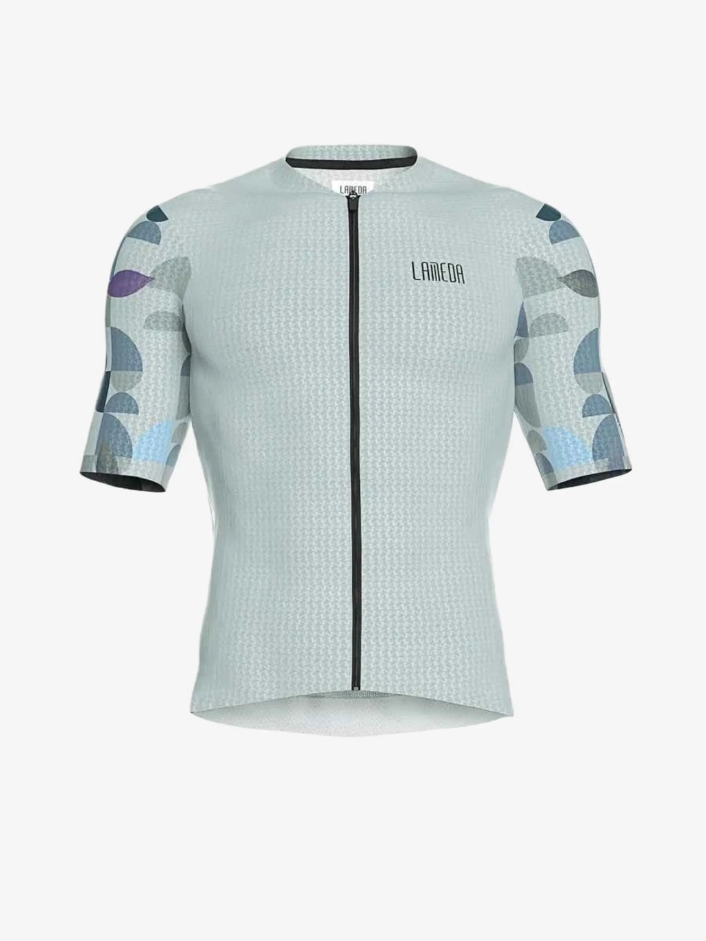 Light gray lamea cycling jersey with relaxed fit short sleeves and blue purple geometric patterns on the arms